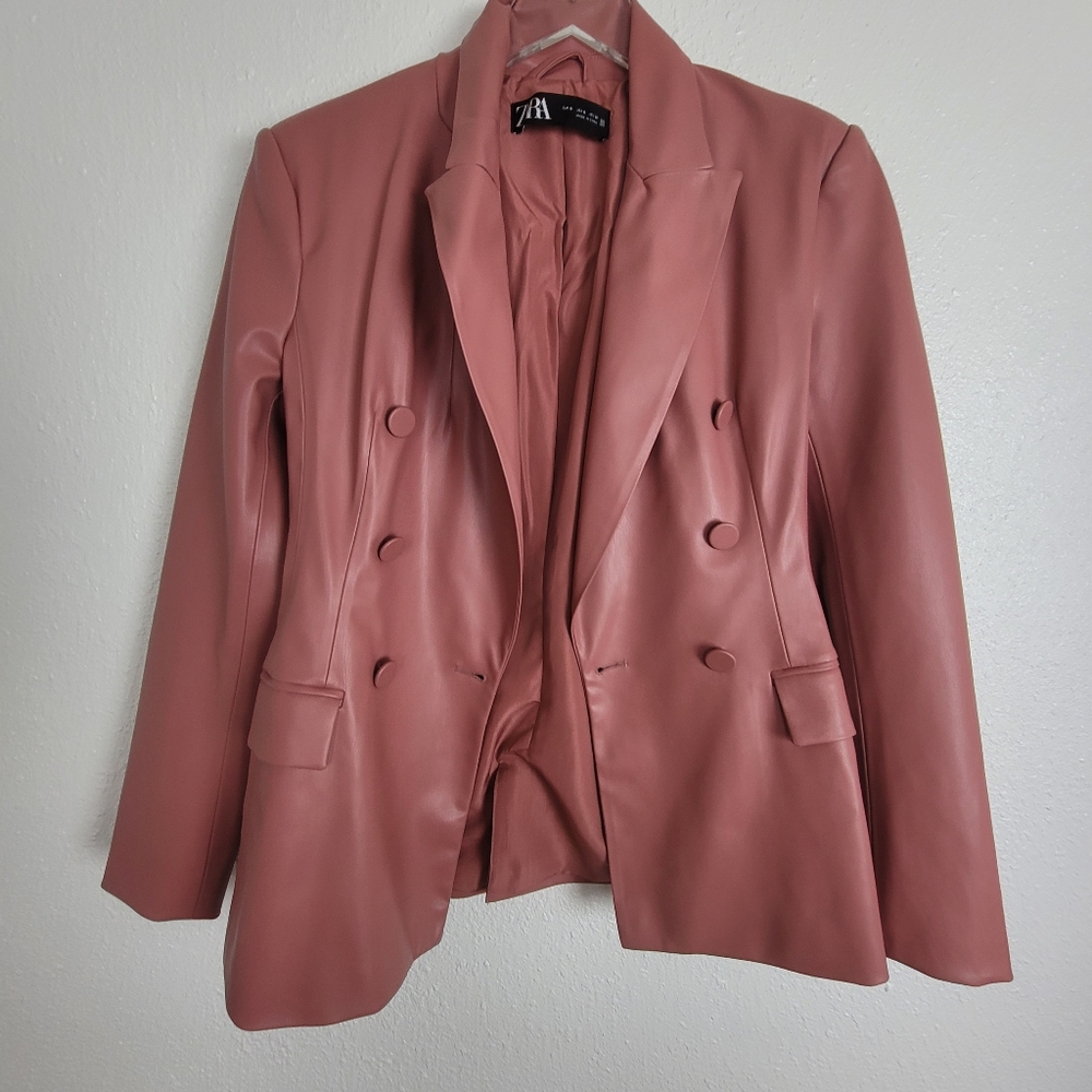 Zara Faux Leather Blush Pink Double-Breasted Blazer